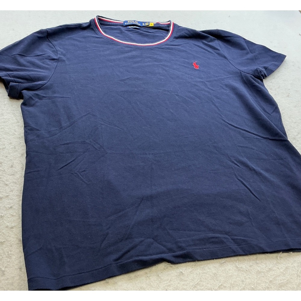 Polo Ralph Lauren T-Shirt Striped Neck Pony Logo XL Navy Blue Custom Slim Fit